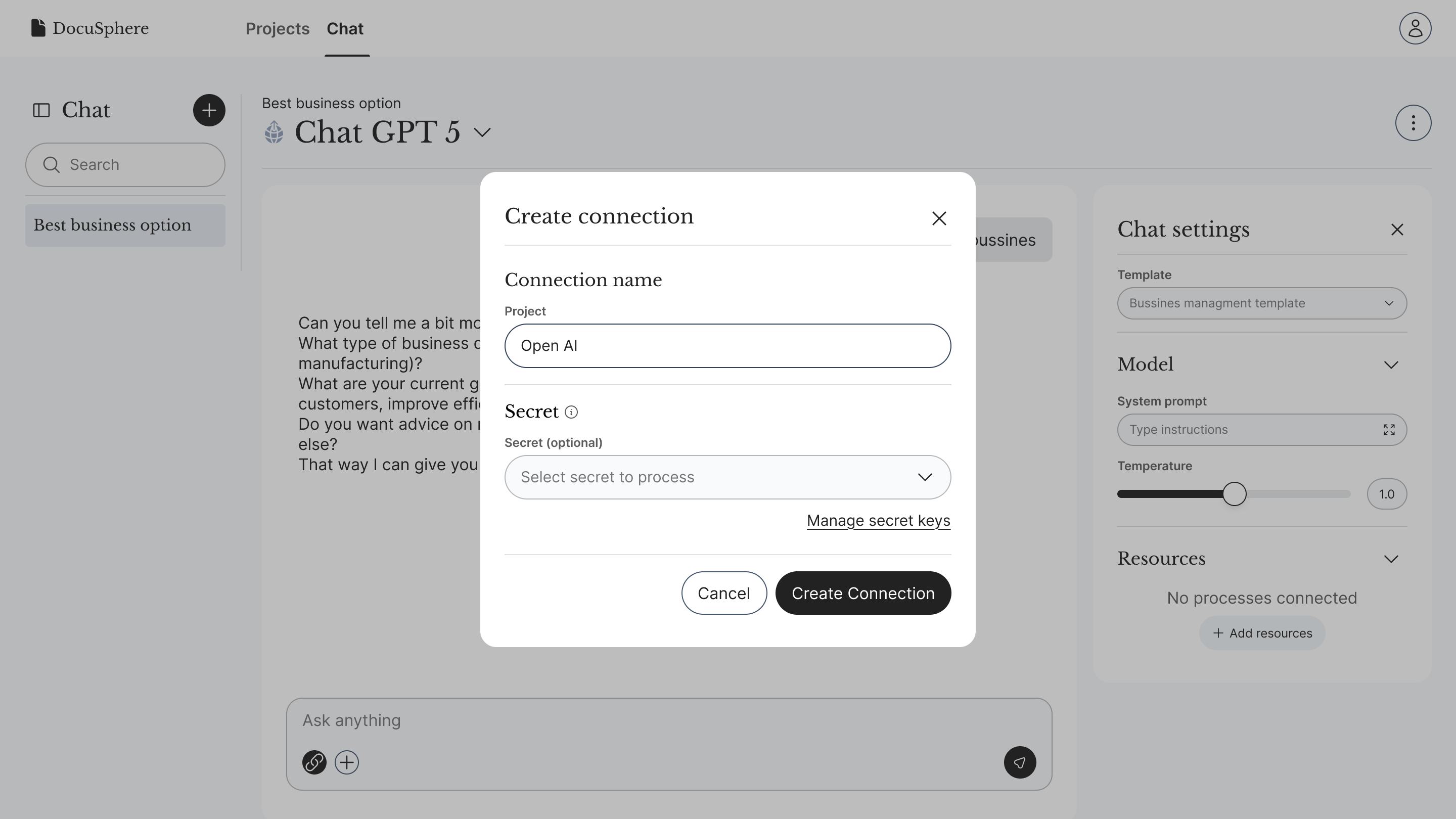 Create connection modal in the DocuSphere interface