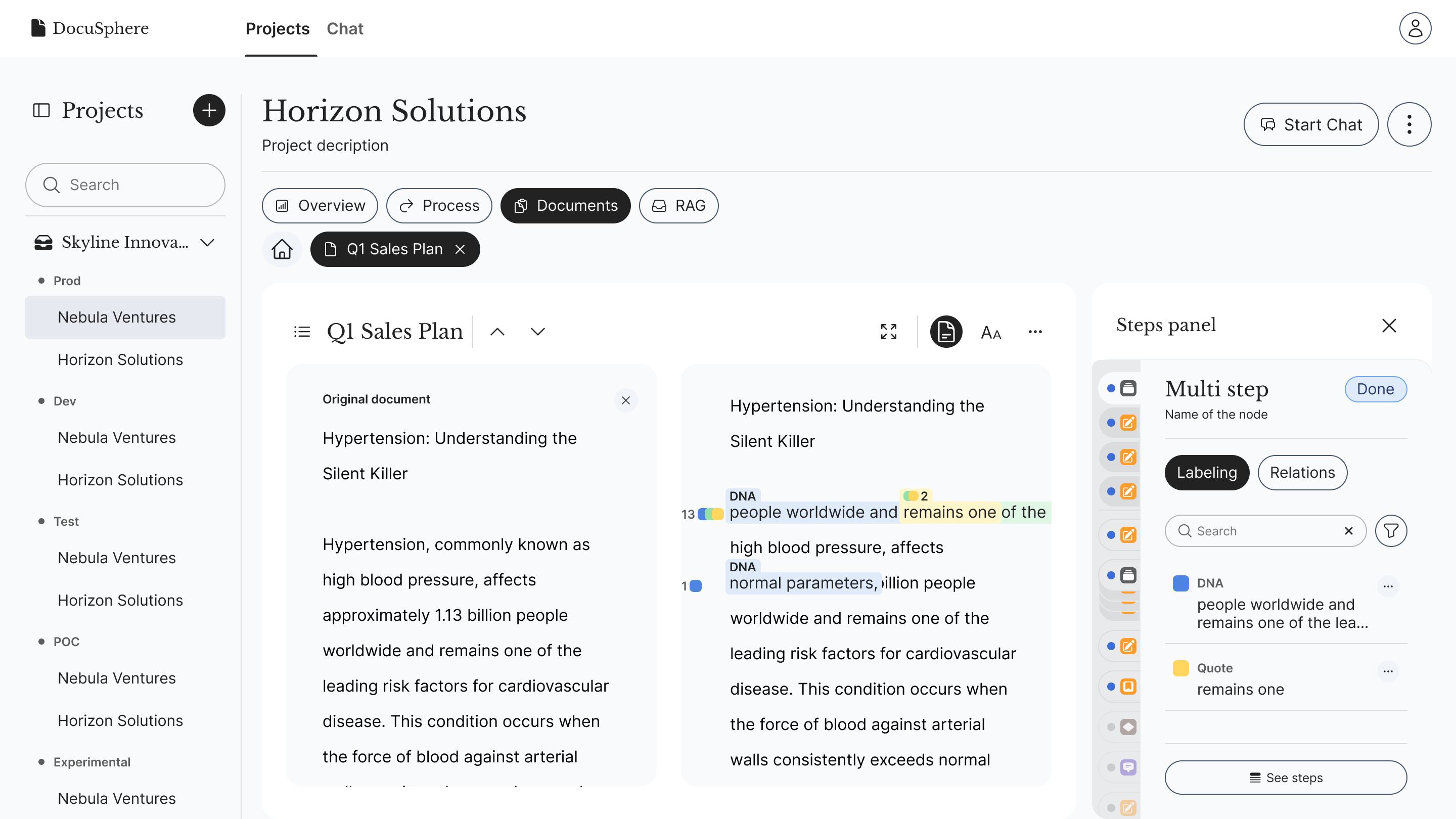 Side-by-side review of a source document and extracted answer