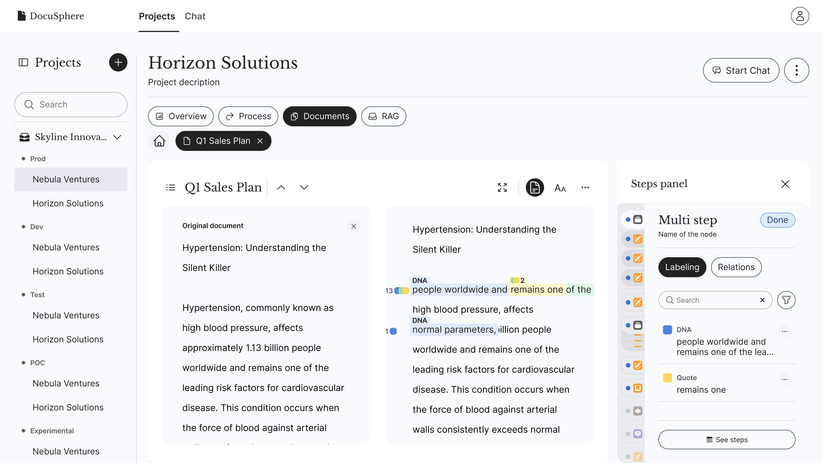 Side-by-side review of a source document and extracted answer